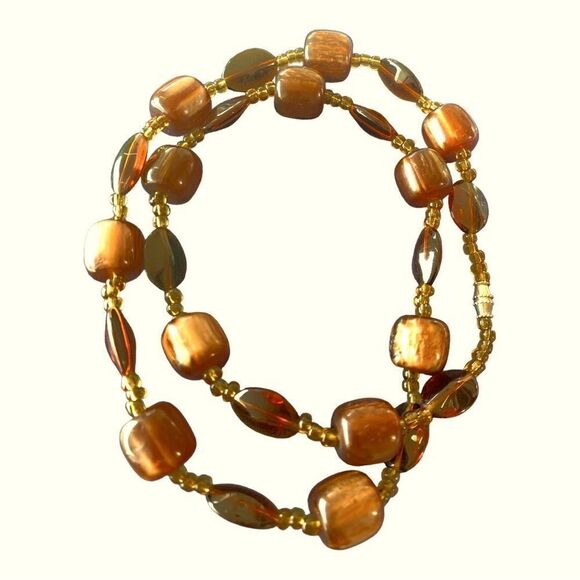 Petrified wood bead and amber glass necklace 22”L - Picture 1 of 8